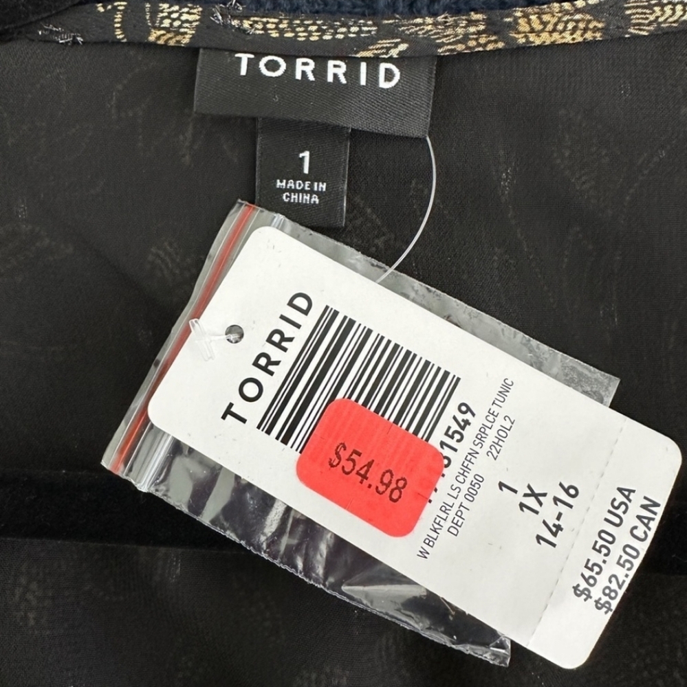 🏷️TORRID Chiffon Layered Tie Front Surplice Tunic Black Floral Blouse Size 1X - Picture 11 of 15